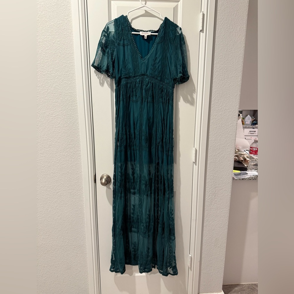 Shyanne Green Maxi Dress Flutter Sleeves V-Neck